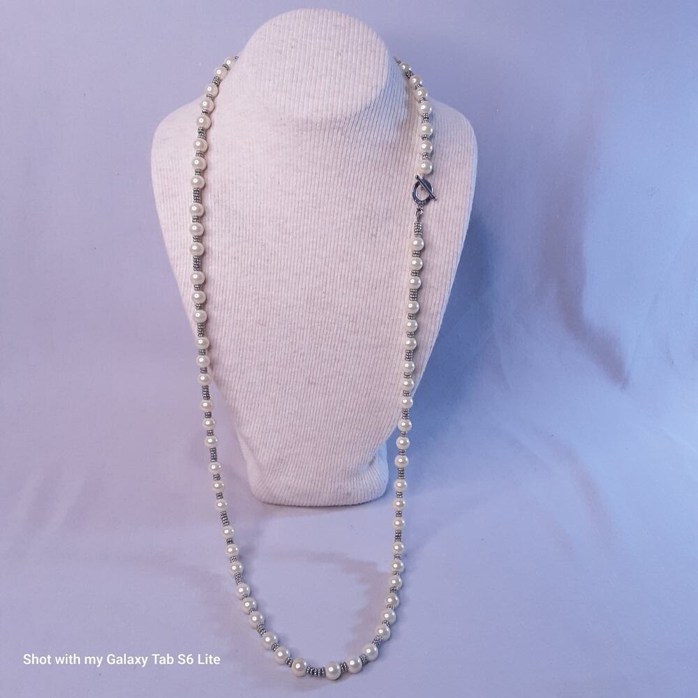 💎Chaps Opera Necklace Glass Pearly Beads Silver Tone Bauble Rodelle Toggle Clasp